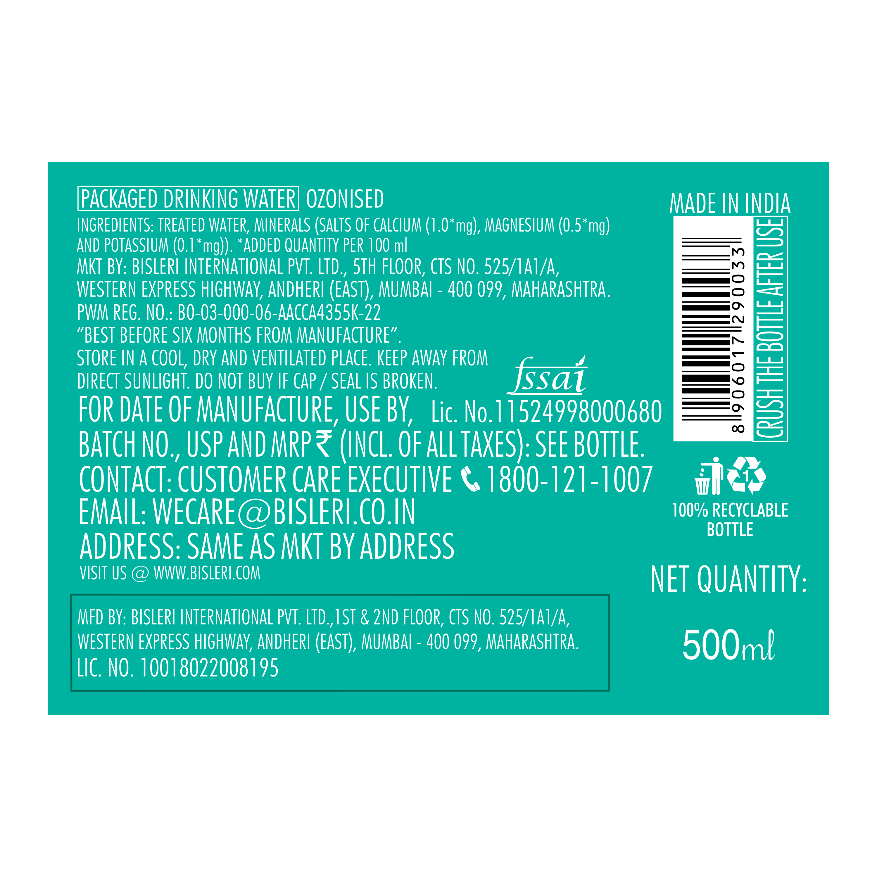 Bisleri 500 ML Packaged Drinking Water back label